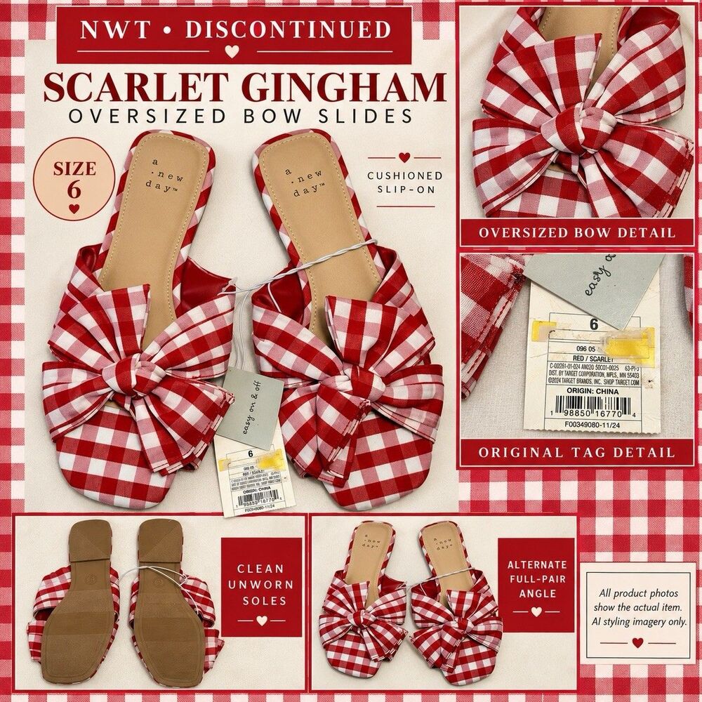 A New Day Scarlet Gingham Bow Slide Sandals Womens 6 NWT Discontinued Square Toe